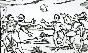 Elizabethan Football woodcut print by English School, 16th century